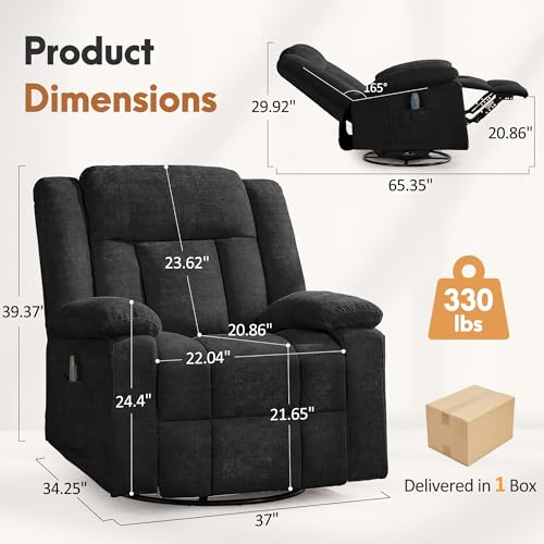 Korser Rocker Recliner Chair for Adults, 360° Swivel Rocker Recliner with Massage and Heating, Nursery Rocking Chairs with Side Pockets, Manual Reclining Chair for Living Room, Bedroom or Nursery