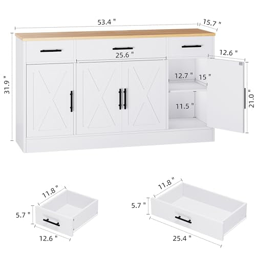 Shintenchi Buffet Cabinet with Storage,53.4" Large Kitchen Storage Cabinet with 3 Drawers and 4 Doors,Wood Farmhouse Buffet Sideboard with Adjustable Shelf for Kitchen Living Room Shintenchi