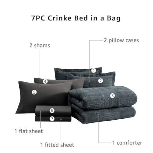 MaiRêve Queen Comforter Set Blue Grey, Textured Design Crinkle Bedding Sets 7 Pieces, All Season Bed in A Bag with Comforter, Sheets, Pillowcases & Shams MaiRêve