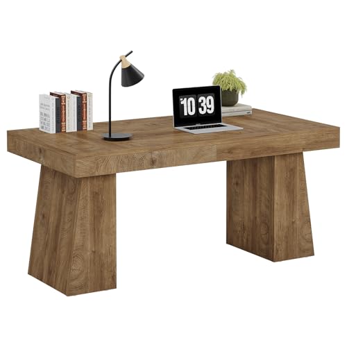 Tribesigns 55" Executive Desk, Wooden Office Desk with Double Pedestal, Modern Simple Computer Writing Table for Home Office, Light Brown Tribesigns