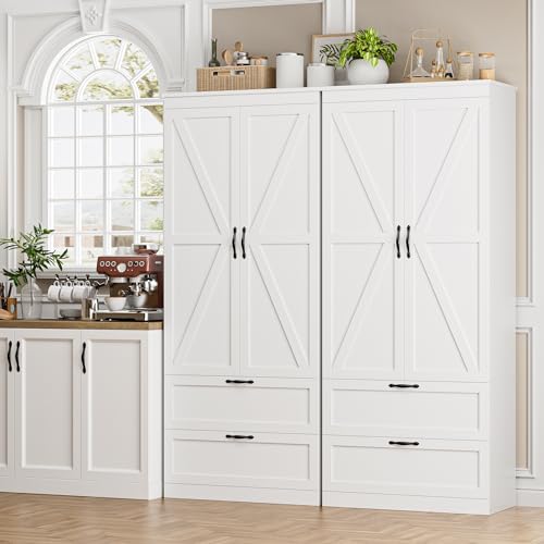 HOSTACK 70" Tall Kitchen Pantry Storage Cabinet, Barn Doors Pantry Cabinet with Drawers and Adjustable Shelf, Modern Farmhouse Storage Cabinet for Kitchen, Dining Room, Living Room, Bathroom, White HOSTACK
