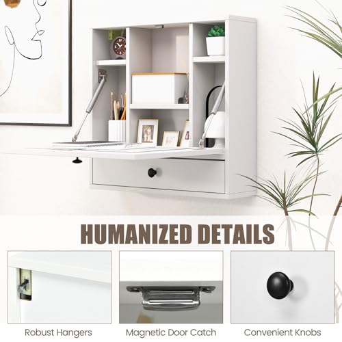 IFANNY Folding Wall Desk, Wood Wall Mounted Desk with Storage Drawer and Shelves, Fold Down Wall Mount Laptop Desk, Corner Floating Desk for Small Spaces (White) IFANNY