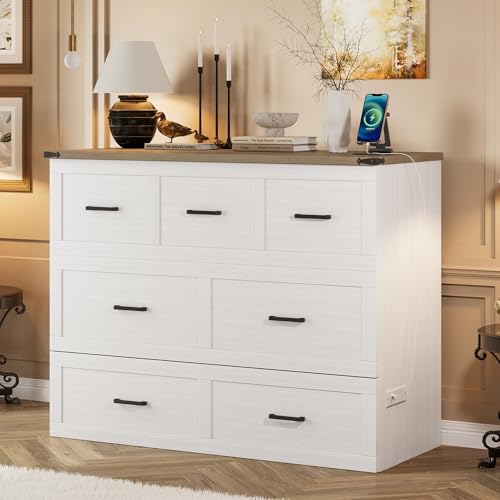 Merax Full Size Murphy Bed, Cabinet Bed with Charging Station, Multi-Functional Foldable Platform Bed with 1 Large Storage Drawer for Small Bedroom, White Merax