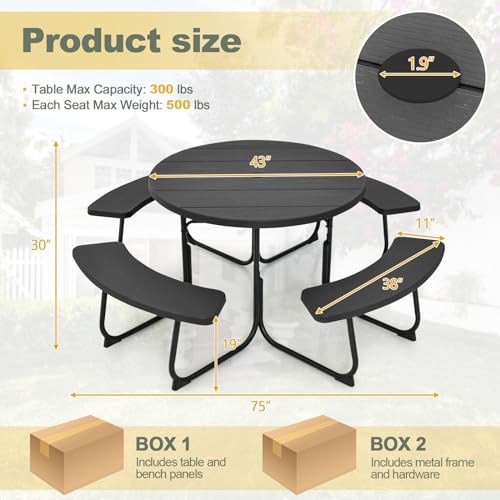 Tangkula 8 Person Picnic Table, Outdoor Round Picnic Table with 4 Built-in Benches, Umbrella Hole, Metal Frame & HDPE Tabletop, Outside Table and Bench Set for Backyard, 2300lbs Weight Capacity Tangkula