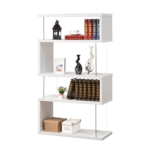 BOWERY HILL Cool Modern 4 Shelf Asymmetrical Snaking S-Shape Bookcase in Glossy White and Glass BOWERY HILL
