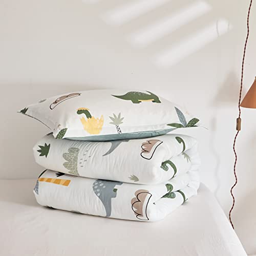 Joyreap Dinosaur Kids Cotton Comforter Set for Boys Girls, Twin Size 3pcs Cotton Bedding Comforter, Fresh Green Dinosaurs on White Design, Skin-Friendly Breathable for All Season- 68x88 inches Joyreap