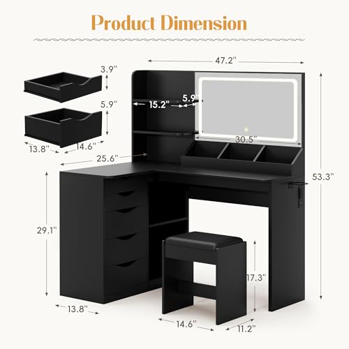 YESHOMY Vanity Desk with Lights and Mirror, L Shaped Makeup Table, Dresser with Hairdryer Holder and Power Outlet, Adjustable 3 Lighting Modes, 5 Drawers and Adjustabled Open Storage Shelves, Black YESHOMY