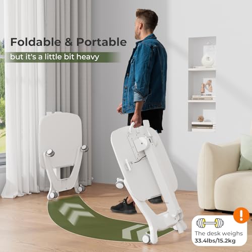 JYLH JOYSEEKER Foldable Mobile Standing Desk, 27"×21" Portable Rolling Laptop Cart with 90° Tiltable Board, Height Adjustable Workstation with Wheels, Folding Table for Home Office, White JYLH JOYSEEKER