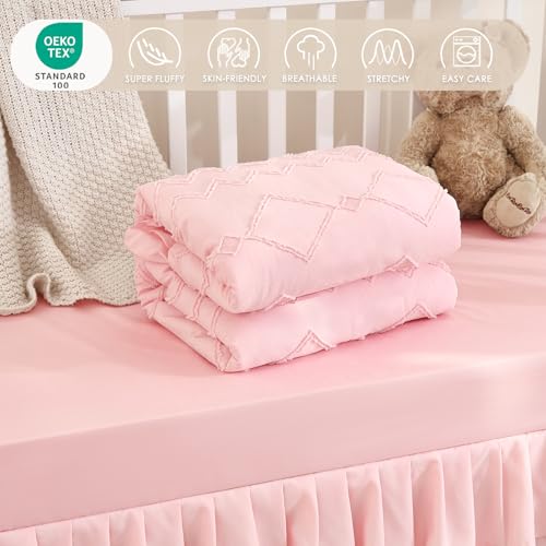 NacoMoco 3-Piece Tufted Ruffle Crib Bedding Set for Girls - Ultra Soft Baby Bedding Set Includes Boho Crib Comforter, Sheet & Skirt (Light Pink) NacoMoco