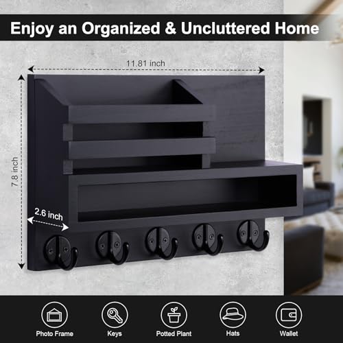 Lucundm Key and Mail Holder Wall Mount, Key Hanger with Long Storage Box and 5 Hooks for Coat, Dog Leash, Home Decor Rack, House Accessories, Entry Way Organizer 11.8”W x 7.8”H x 3.2”D Lucundm