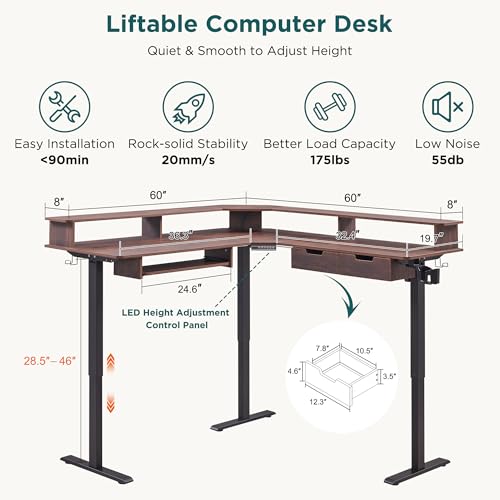 RedLemon 60 Inches L Shaped Electric Standing Desk, Height Adjustable Corner Gaming Desk with Drawers, Keyboard Tray, Power Outlets & LED Lights, Computer Desk with Monitor Shelf, Dark Walnut RedLemon