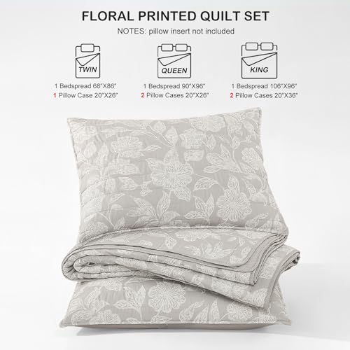 HORIMOTE HOME Floral Quilt Set King Size 3 Pieces, Taupe Flower Fine Printed Reversible Botanical Bedspreads Bedding Sets, Soft and Lightweight Bed Coverlet for All Season HORIMOTE HOME