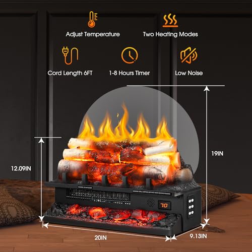 R.W.FLAME Electric Fireplace Log Heater,20" Fireplace Inserts with Crackling Sound,5 Flame Brightness,Heater 750W/1500W,Remote Control&Timer,Overheating Protection for Home and Office Decor R.W.FLAME