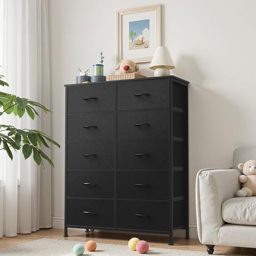 Sweetcrispy 10 Drawer Fabric Dresser Storage Tower with Bins, Tall Chest Organizer for Bedroom Closet Hallway, Steel Frame Wood Top Easy Pull Handles,Black Sweetcrispy