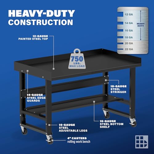 Borroughs® 60" Rolling Adjustable Workbench, 12-Gauge Steel Heavy-Duty Workstation w/Bottom Shelf & Edge Guards, 750 LBS Load Capacity Worktable for Borroughs