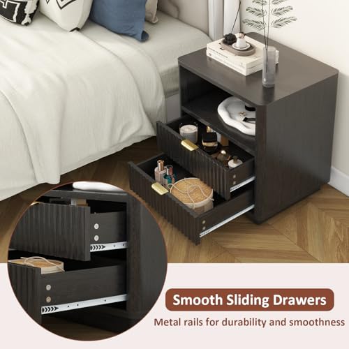 Fluted Nightstands Set of 2, Black Night Stands with 2 Drawers and Open Shelves, Wooden Nightstand Modern Design Night Stand for Bedroom Sofa Office (2, Black) ROCSUMOO