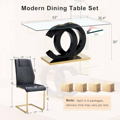 63" Glass Dining Table Set for 6, Modern Dining Table Set for 6, Tempered Glass Tabletop with Black OC-Shaped Legs and Gold Base, Black Gold Kitchen Table Set with 6 Cantilever Upholstered Chairs Iopirbu
