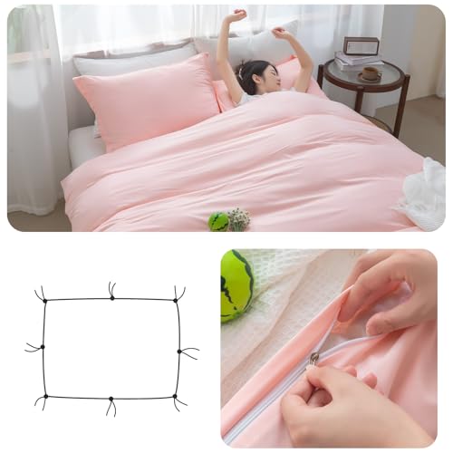 SheRest Pink Duvet Cover Twin Size - Soft Brushed Microfiber, 1 Duvet Cover 68x90 Inches with Zipper Closure 8 Ties & 1 Pillow Sham, Breathable Bedding Set for All Season (No Comforter) SheRest