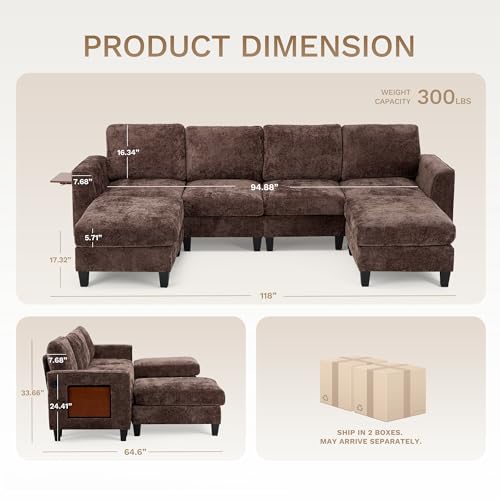MALOL COLAMY 118" U-Shaped Sectional Couch, 4-Seat Modular Sofa with 2 Ottomans and Foldable Side Table, Brown for Living Room MALOL