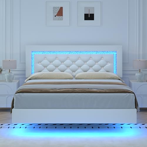 BarnFurin Floating Bed Frame with LED Lights, Upholstered Platform Bed with Diamond Tufted Headboard (White, Full) BarnFurin