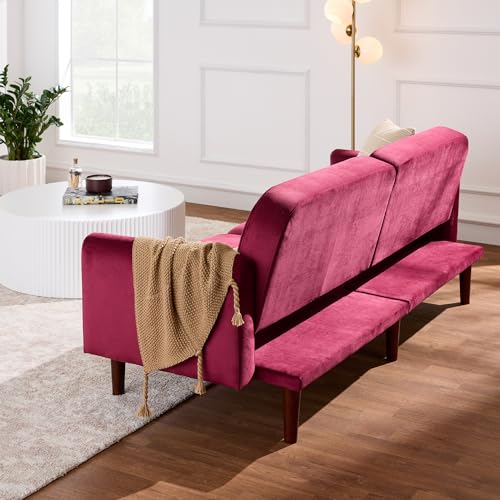 Best Choice Products 77" Mid Century Modern Velvet Loveseat Sofa, Couch, Convertible Sofa Sleeper Bed w/Real Wood, Removable Armrest - Raspberry Best Choice Products