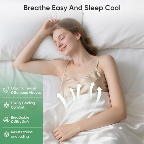 Luxury Organic Tencel & Viscose from Bamboo Cooling Sheet Set,Silky Soft Lyocell Sheets with Deep Pocket, Hypoallergenic & Breathable Bedding with Pillowcases (White, King)