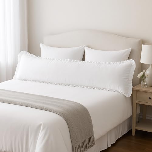 Empire Linen | Ruffled Body Pillowcase | Cotton Satin Weave, Soft & Breathable | Hidden Zipper Closure | Decorative Pillow Sham with Single Layer Ruffles | White Body Pillow Cover (20x48, White) Empire Linens