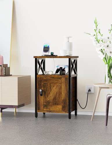 runjuly Wooden Nightstand with Lock, Bed Side Table with Drawers, Bedside Table with Charging Station, 3 USB & 2 Outlets, Night Stand with Storage, End Tables for Living Room, Bedroom, Dorm, Brown runjuly