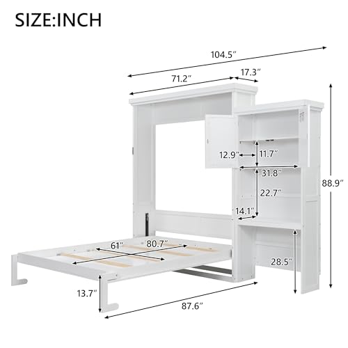 MERITLINE Queen Size Farmhouse Murphy Bed with Storage Cabinet and Shelves, Wooden Hidden Foldable Wall Bed Frame, Murphy Wall Bed Cabinet Queen for Adults, Space-Saving, White MERITLINE