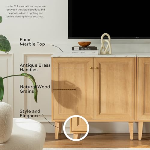 EYYTHUNG Storage Cabinet Sideboard Buffet Cabinet, Modern Accent Cabinet with Faux Marble Top & Adjustable Shelves, Wooden Credenza, Console Table Entryway Cabinet for Living Room, Oak EYYTHUNG