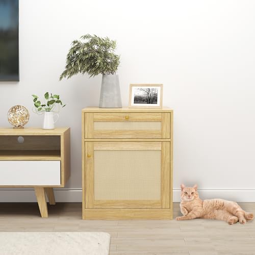 COSLIANA Cat Litter Box Enclosure, Hidden Cat Litter Box Furniture Indoor Wood Cat House Rattan End Table with Drawer, Oak COSLIANA