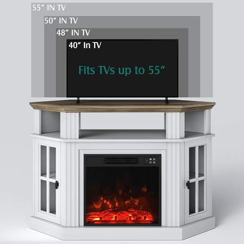 YESHOMY Corner Fireplace TV Stand for Television up to 55" with Storage Cabinets, Entertainment Center, Media Console for Living Room, Bedroom, White&Rustic YESHOMY