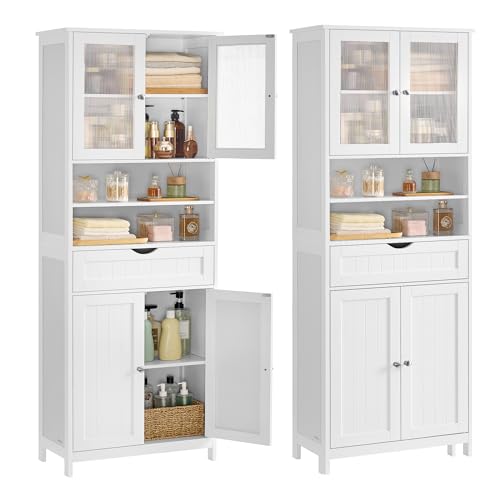 VASAGLE Storage Cabinet, Freestanding Storage Unit with Adjustable Shelves, Drawer, Open Compartments, for Bathroom, Living Room, Kitchen, Cloud White UBBC768WH01S VASAGLE