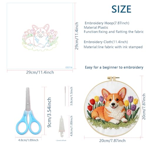 Zhenqing Corgi Embroidery Kit for Beginners, Pre-Printed 29x29cm Cotton Fabric with 20cm Hoop, Cute Dog with Tulips Spring Design (C0216)