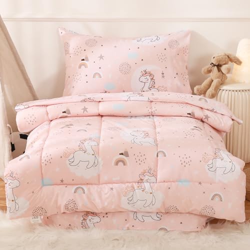 JSD Pink Unicorn Toddler Bedding Set, 4 Piece Bed-in-a-Bag Toddler Microfiber Comforter Sheet Set, All Season Machine Washable JSD
