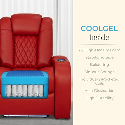 Seatcraft Virtuoso LT Zero-Gravity HeatZero Italian Leather Home Theater Seating, Heat & Massage, Power Headrest, Power Recline, Single Recliner, Red