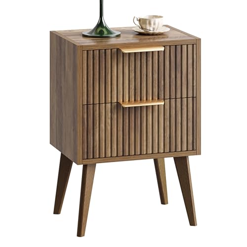YAUKOMEL Mid Century Modern Nightstand,Small Bedside Table with 2 Drawers,Fluted Side Table,Walnut Brown End Table for Living Room,Bedroom,Small Space,Caramel Oak 11.8" D x 16" W x 22.4" H CTG55BR YAUKOMEL