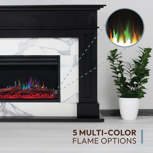 Cambridge Sofia 53-in. Freestanding Fireplace Mantel in Black with White Marble Inlay and Log Display, Electric Heater Insert with Color Changing Flames for Living Room, Bedroom CAMBRIDGE