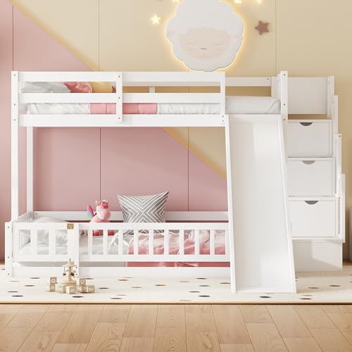 Twin Over Full Bunk Bed with Slide and Storage Staircase,Floor Bunk Beds,Kids Bunk Bed with Safety Guardrails,Low Bunk Bed for Girls Boys,White Bellemave