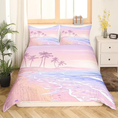 Homewish Pink Beach Duvet Cover Set Twin Size,Kids Girls Romantic Hawaii Ocean Style Bedding Set Teens Lover Room Decor,Palm Tree Comforter Cover Girly Summer Quilt Cover,1 Pillowcase,(No Comforter) Homewish