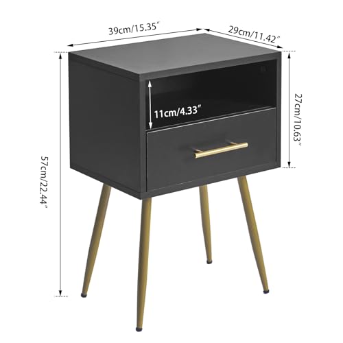 IBUYKE Nightstand, Mid Century Modern Night Stand, Bedside Table with Drawers and Open Storage Shelf, End Side Table with Metal Legs, for Bedroom, Small Spaces,Black UWNS004B IBUYKE
