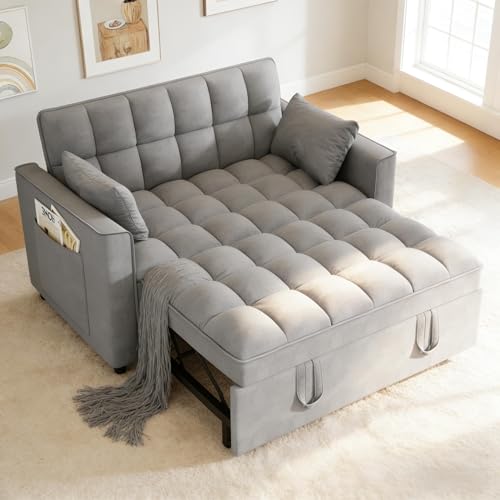 Yeehacc 3 in 1 Convertible Sleeper Sofa Bed, Pull Out Couch Loveseat Futon, Adjustable Backrest Velvet Sofa with Pillows and Side Pockets for Living Room Apartment, Light Grey Yeehacc
