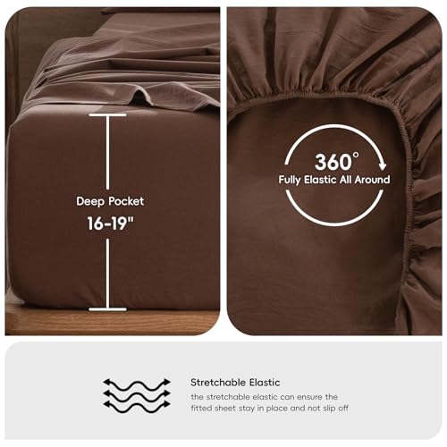 MooMee Bedding Sheet Set 100% Cotton Linen Like Textured Breathable Durable Soft Comfy (Solid Cocoa Brown, Queen) MooMee