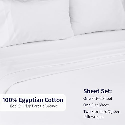 California Design Den Certified 100% Egyptian Cotton Sheets Queen Size Bed Set - Lightweight & Crisp Percale Queen Sheet Set Deep Pocket, Durable Luxury Bedding - White California Design Den