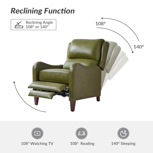 HULALA HOME Genuine Leather Recliner Chair, Modern Push Back Recliner Armchair with Thick Seat, Backrest & Footrest, Nailhead Decor for Living Room, Bedroom, Olive