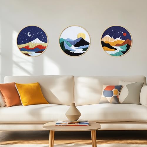 KEKEMEOW 3 Sets Embroidery Kit for Beginners, Stitches with Landscape of Mountains Patterns, DIY Cross Stitch Kits for Adults, Needlepoint Hand Embroidery Kit with Stamped Pattern、Instruction、Hoop