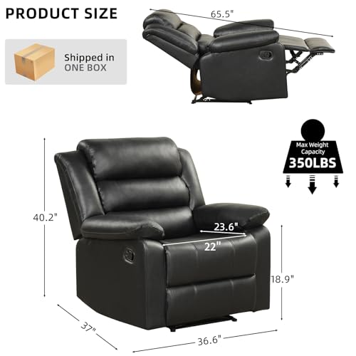 IOMOR Manual Recliner Chair with Overstuffed Arm and Extra-Padded Back, Breathable PU Leather Reclining Chair for Adults, Single Sofa for Living Room, Bedroom (Black)