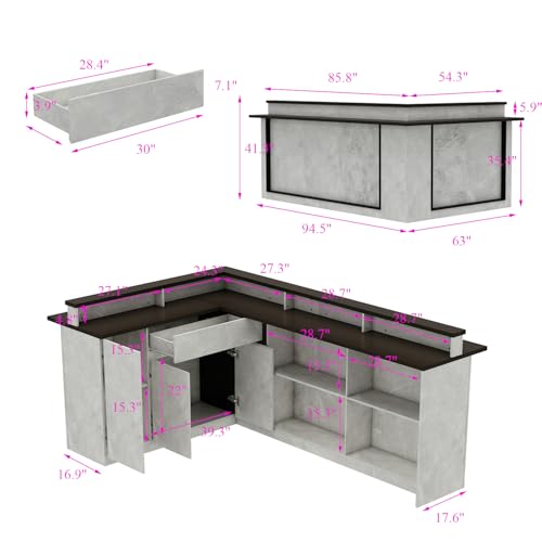HOMSETTIE 94.5" W Reception Desk with Counter and LED Lights, Modern L-Shaped Front Desk with Drawer & Shelves, Checkout Counter for Reception Room, Retail, Salon, Bar HOMSETTIE
