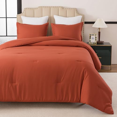 Caressma Full Comforter Set Burnt Orange, Soft Prewashed Solid 3 Pieces Bedding Comforter for All Seasons,Fluffy Microfiber Terracotta Boho Comforter (79"x90") for All Seasons with Pillowshams Caressma