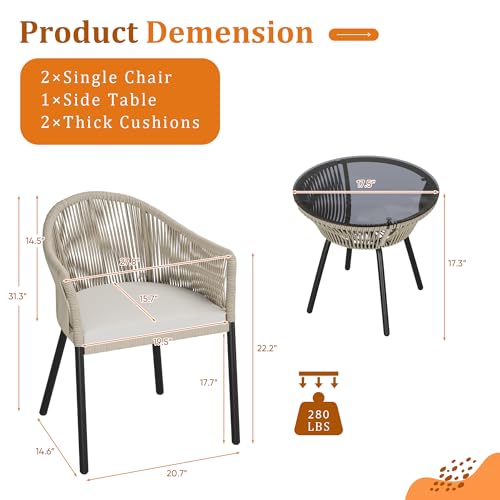 Devoko Patio Furniture Set 3 Pieces Rope Woven Bistro Set Outdoor Conversation Set with 2 Wide Chairs,Cushions and Tempered Glass Table for Balcony Porch Backyard Garden Poolside Devoko
